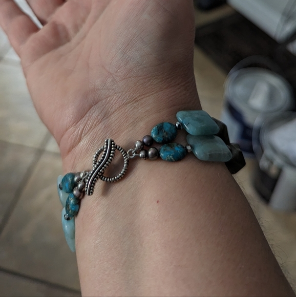 Boho turquoise, aquamarine & sterling bracelet - Picture 3 of 7